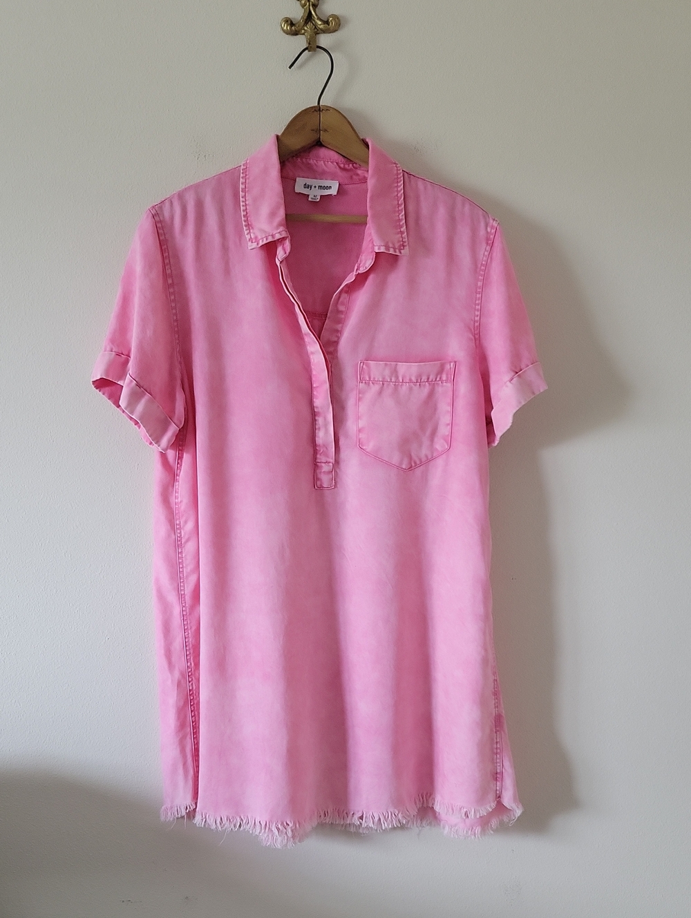 Day + Moon Pink Frayed Hem Shirt Dress Size Medium